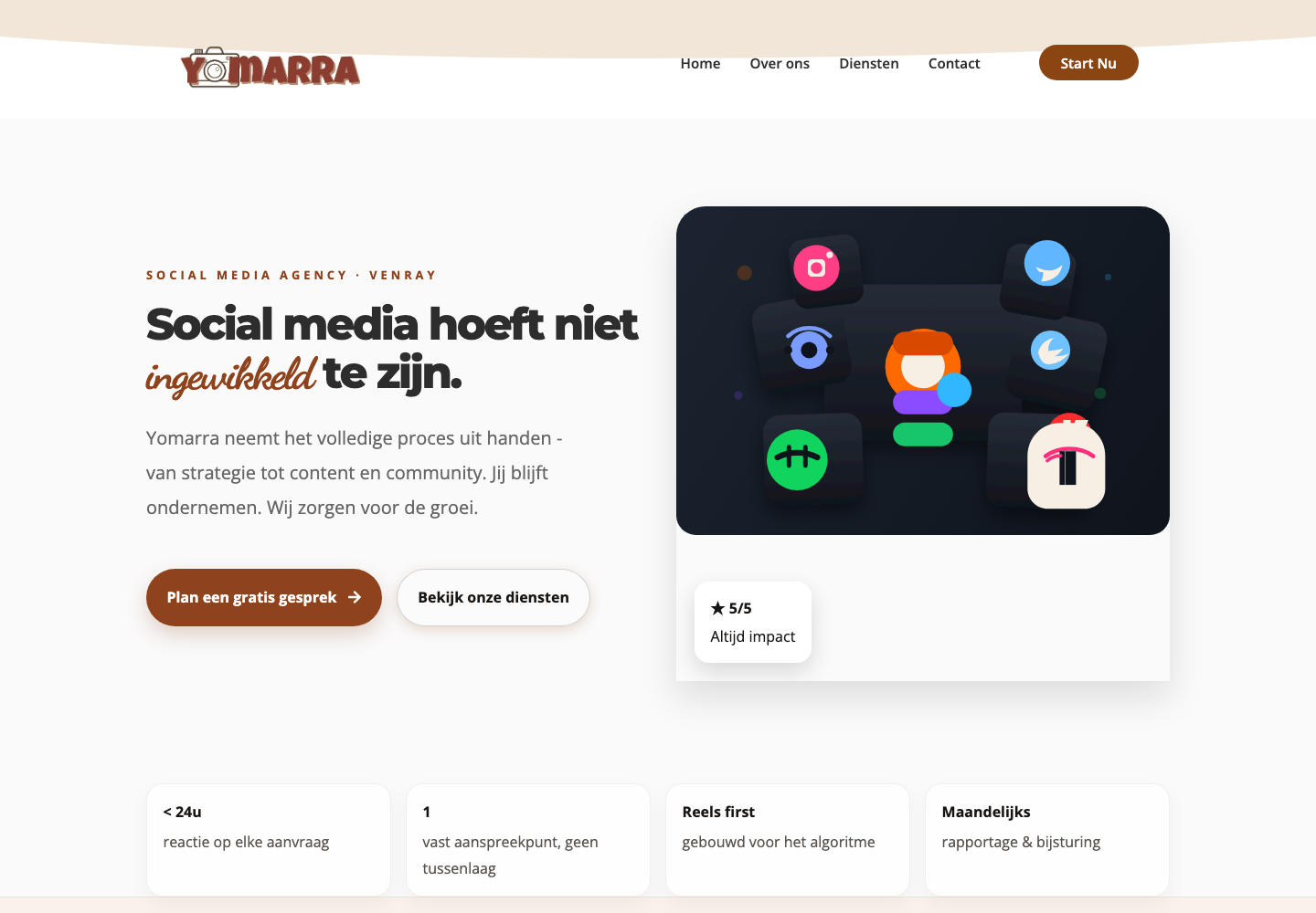 Homepage van Yomarra, gebouwd door DevSoftWeb
